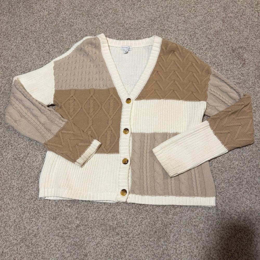 Olivia Sky Womens XL Patchwork Cable Knit Cardigan Sweater Neutral Tan Cream